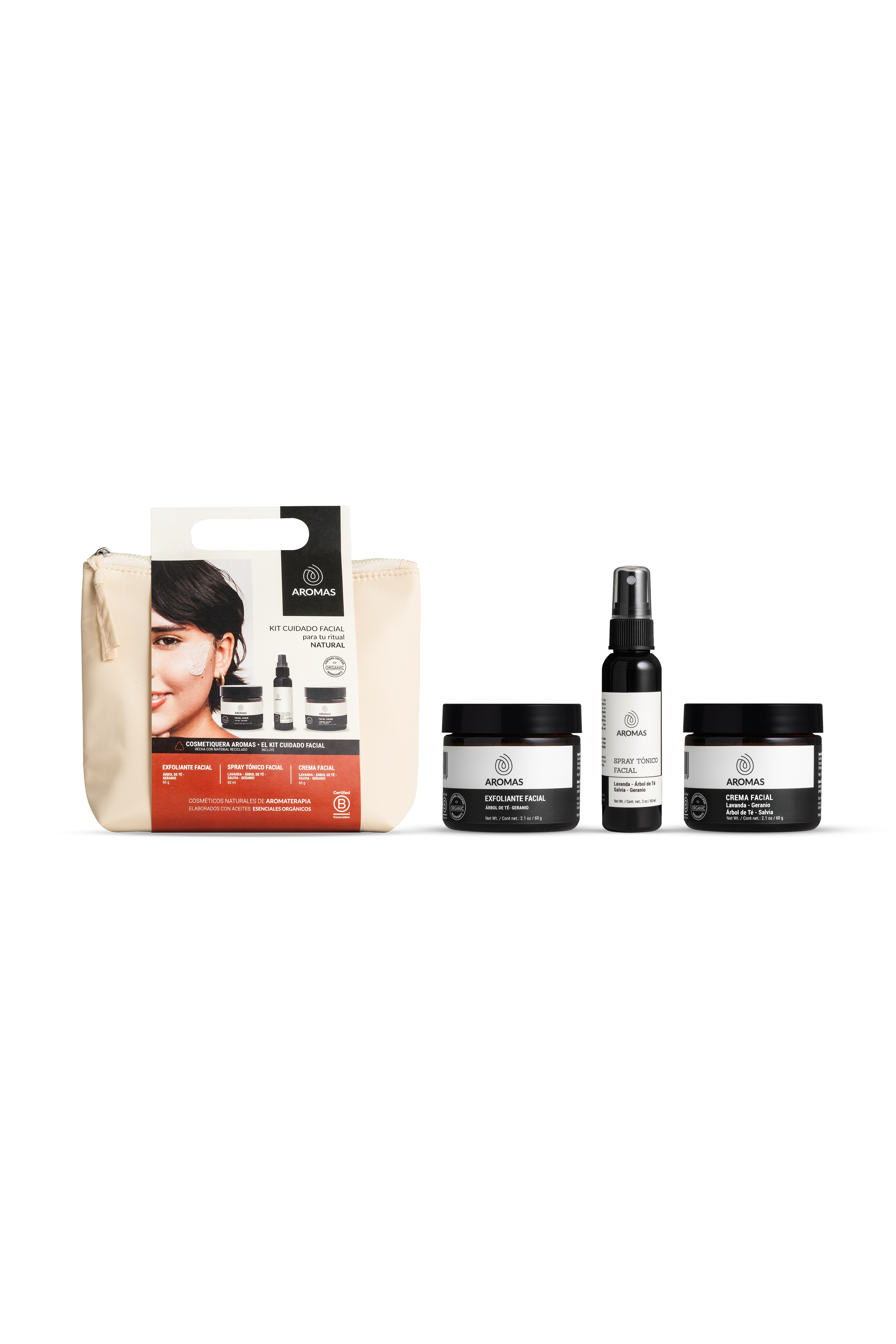 Kit facial mini (Tónico, Exfoliante, Crema 60 g + cosmetiquera)